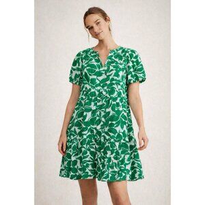 George Green White Leaf Print Tiered Dress Puff Sleeve Swiss Dot Cotton Size M